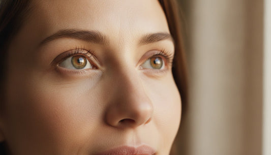 Primer plano del contorno de ojos de una mujer con textura natural de la piel y ligeras sombras bajo los ojos con una suave luz matinal; imagen ilustrativa