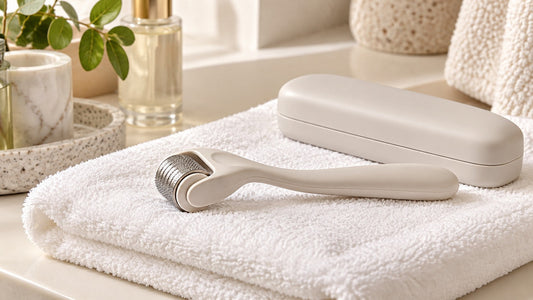 Cosmetische roller naast een schone doek op een lichte ondergrond; symbolische afbeelding