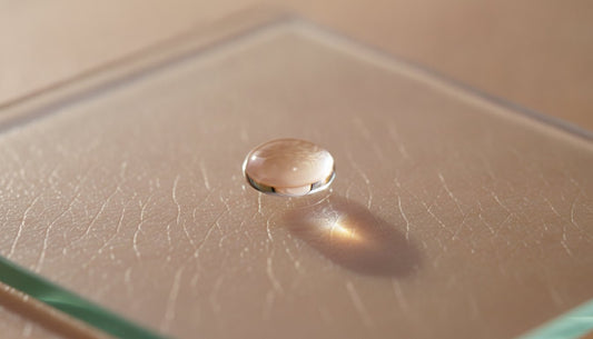 Macrofotografia di una singola goccia di siero trasparente su una lastra di vetro in luce calda su sfondo crema; immagine illustrativa
