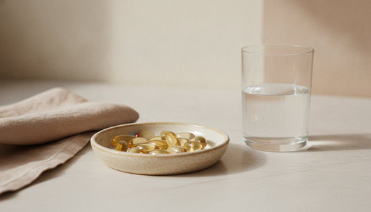 Twee capsules in een lichte keramische schaal naast een glas water op een stenen oppervlak